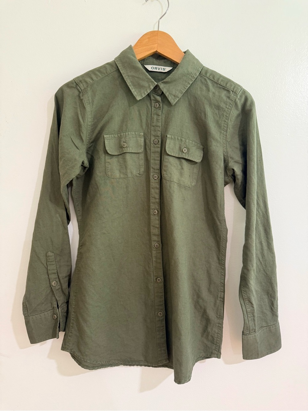 Orvis Linen Cotton Blend Utility Button Down Shirt Olive Green XS